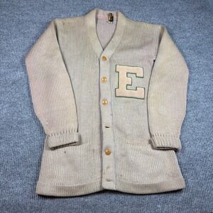 Vintage Lamb Knit Wool Letterman 50s Cardigan Sweater Tan Men Size 38 Patch‎ E